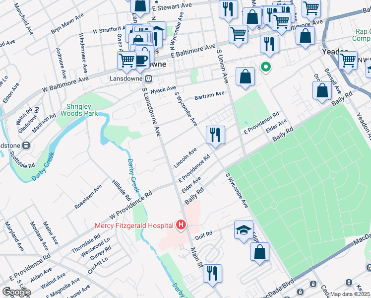 map of restaurants, bars, coffee shops, grocery stores, and more near 33 Lincoln Avenue in Yeadon