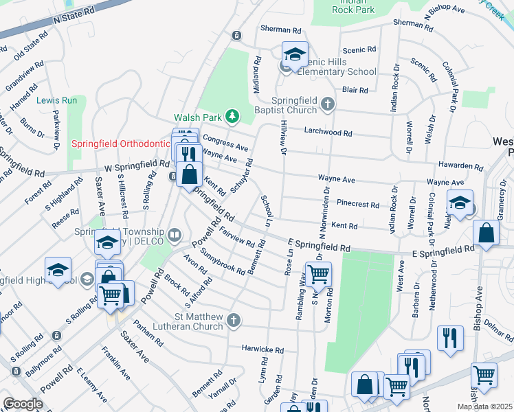 map of restaurants, bars, coffee shops, grocery stores, and more near 31 North Alford Road in Springfield