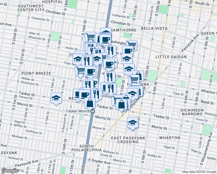 map of restaurants, bars, coffee shops, grocery stores, and more near 1323 Reed Street in Philadelphia