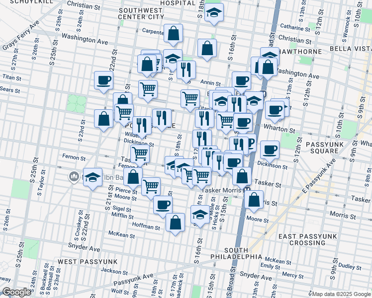 map of restaurants, bars, coffee shops, grocery stores, and more near 1453 South Bouvier Street in Philadelphia