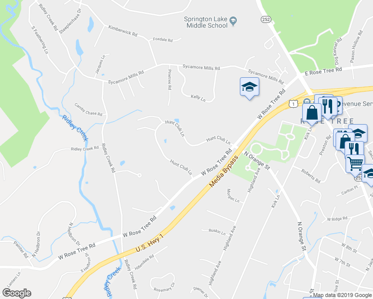 map of restaurants, bars, coffee shops, grocery stores, and more near 1220 Hunt Club Lane in Media