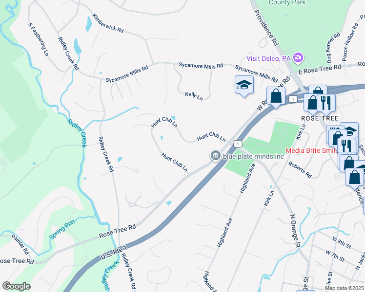 map of restaurants, bars, coffee shops, grocery stores, and more near 1220 Hunt Club Lane in Media