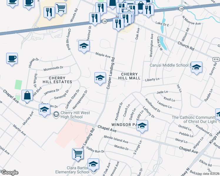 map of restaurants, bars, coffee shops, grocery stores, and more near 724 Cooper Landing Road in Cherry Hill