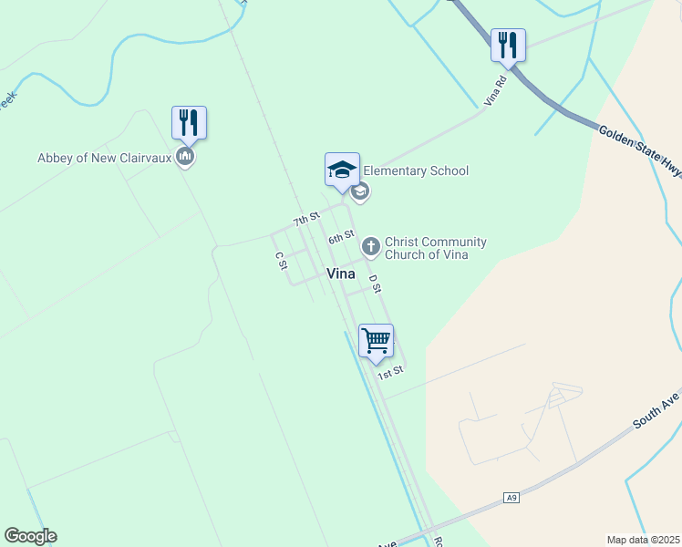 map of restaurants, bars, coffee shops, grocery stores, and more near in Vina