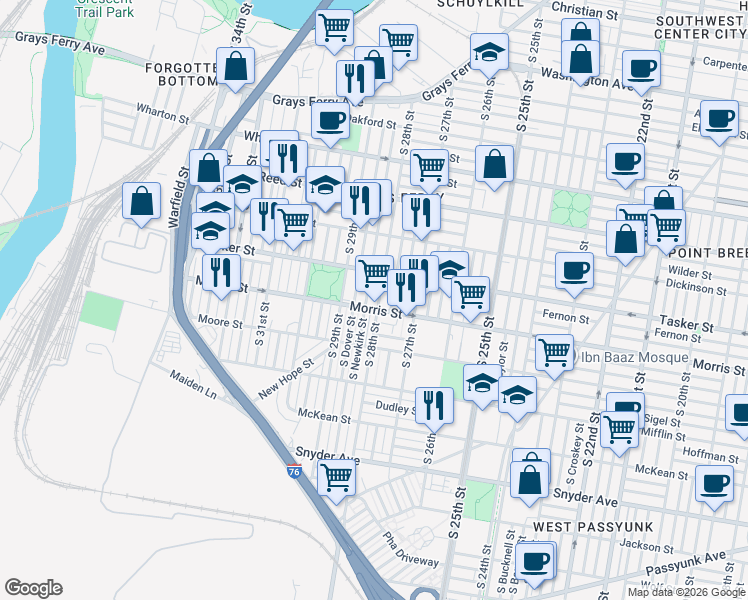 map of restaurants, bars, coffee shops, grocery stores, and more near 1622 South Newkirk Street in Philadelphia