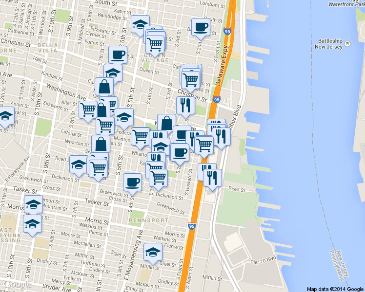 map of restaurants, bars, coffee shops, grocery stores, and more near 1207 South 2nd Street in Philadelphia