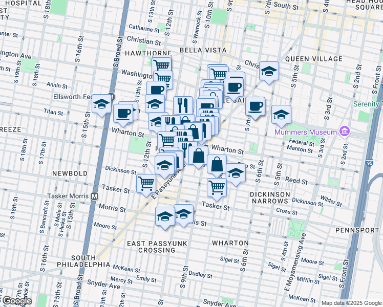 map of restaurants, bars, coffee shops, grocery stores, and more near 1334 East Passyunk Avenue in Philadelphia