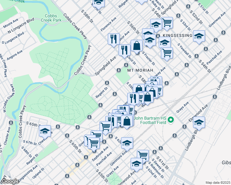 map of restaurants, bars, coffee shops, grocery stores, and more near Kingsessing Ave & S 60th St in Philadelphia