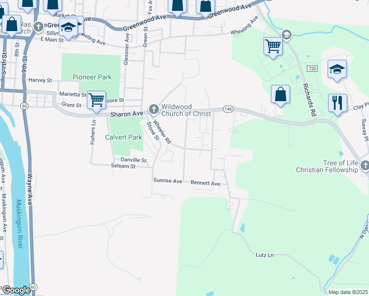 map of restaurants, bars, coffee shops, grocery stores, and more near 435 Jessamine Street in Zanesville