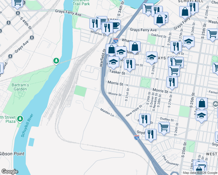 map of restaurants, bars, coffee shops, grocery stores, and more near 1700-36 South Natrona Street in Philadelphia