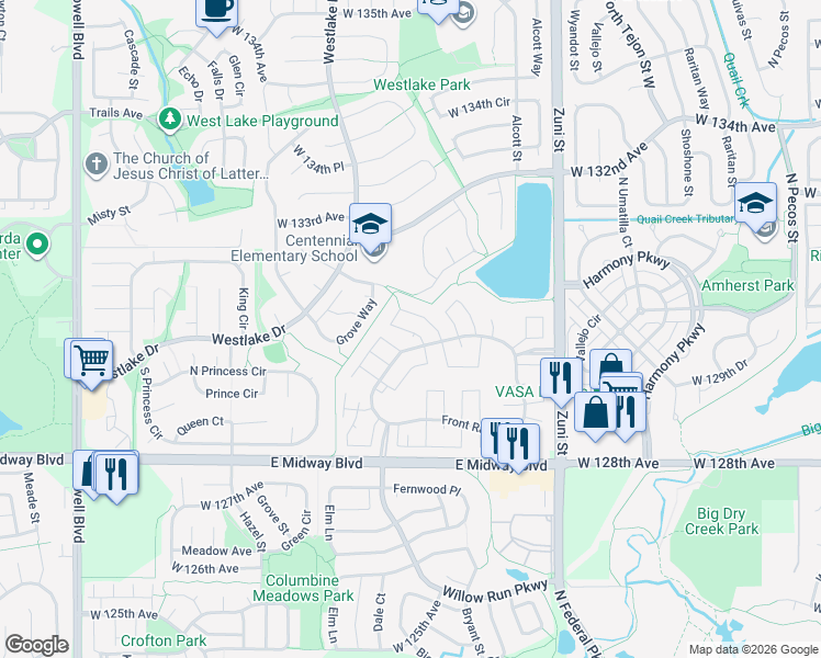 map of restaurants, bars, coffee shops, grocery stores, and more near 2774 Bryant Drive in Broomfield