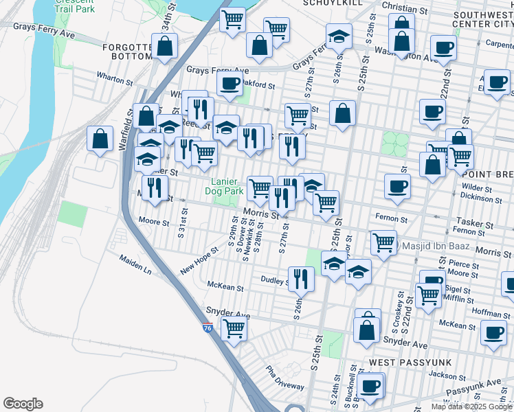 map of restaurants, bars, coffee shops, grocery stores, and more near 1643 South Newkirk Street in Philadelphia