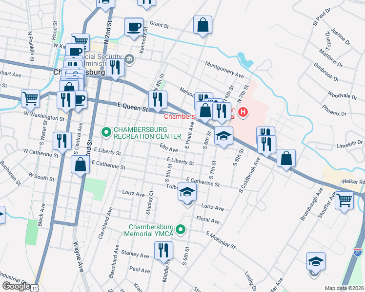 map of restaurants, bars, coffee shops, grocery stores, and more near 487 East Washington Street in Chambersburg