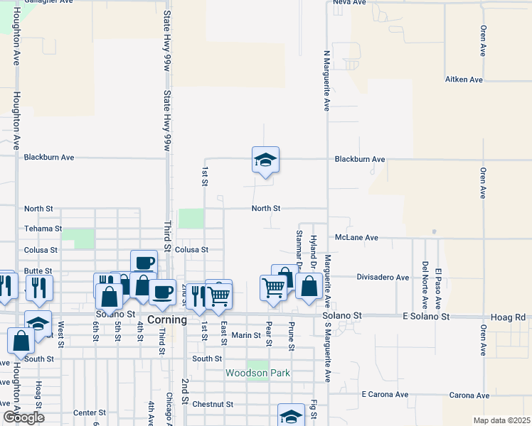 map of restaurants, bars, coffee shops, grocery stores, and more near 615 North Street in Corning