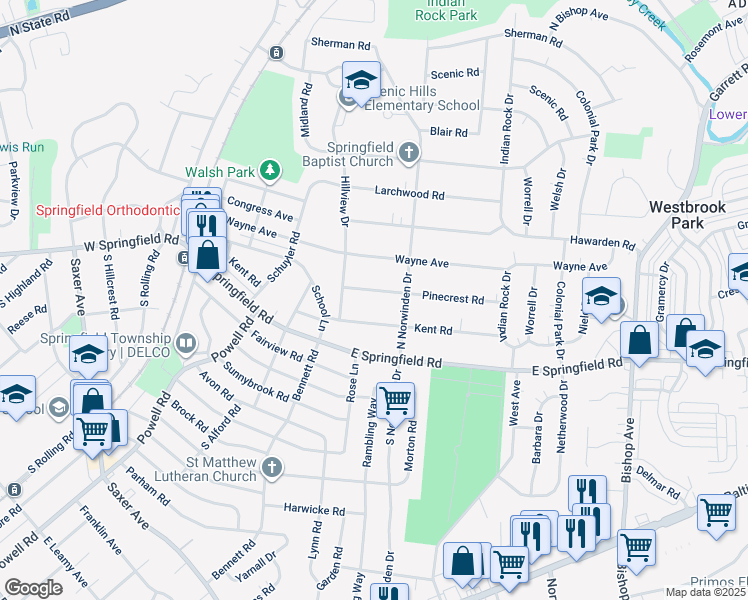 map of restaurants, bars, coffee shops, grocery stores, and more near 336 Pinecrest Road in Springfield