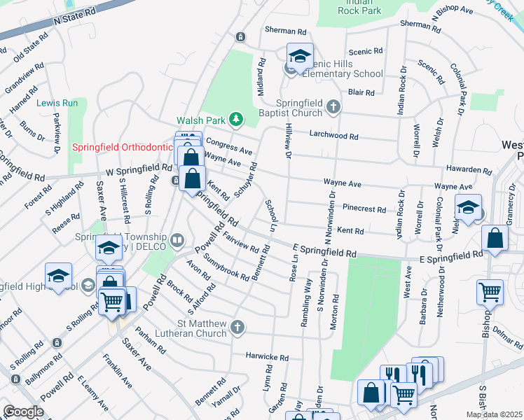 map of restaurants, bars, coffee shops, grocery stores, and more near 31 North Alford Road in Springfield