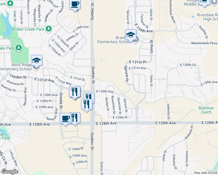 map of restaurants, bars, coffee shops, grocery stores, and more near 7493 East 130th Circle in Thornton