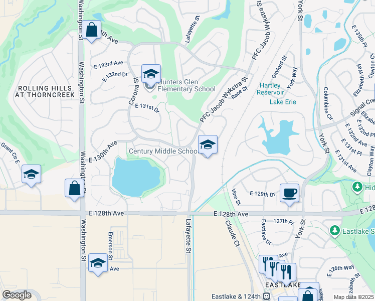 map of restaurants, bars, coffee shops, grocery stores, and more near 12955 Lafayette Street in Denver