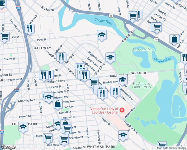 map of restaurants, bars, coffee shops, grocery stores, and more near 1261 Langham Avenue in Camden