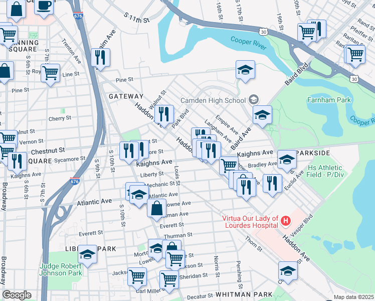map of restaurants, bars, coffee shops, grocery stores, and more near 1189 Haddon Avenue in Camden