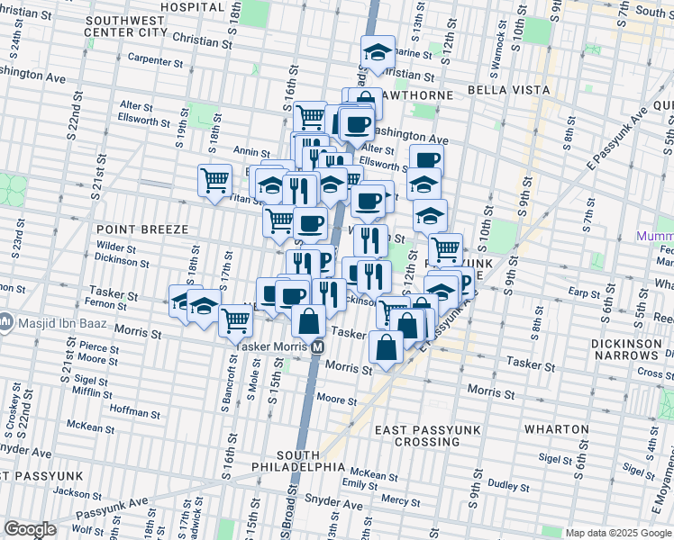 map of restaurants, bars, coffee shops, grocery stores, and more near 1336 South Broad Street in Philadelphia