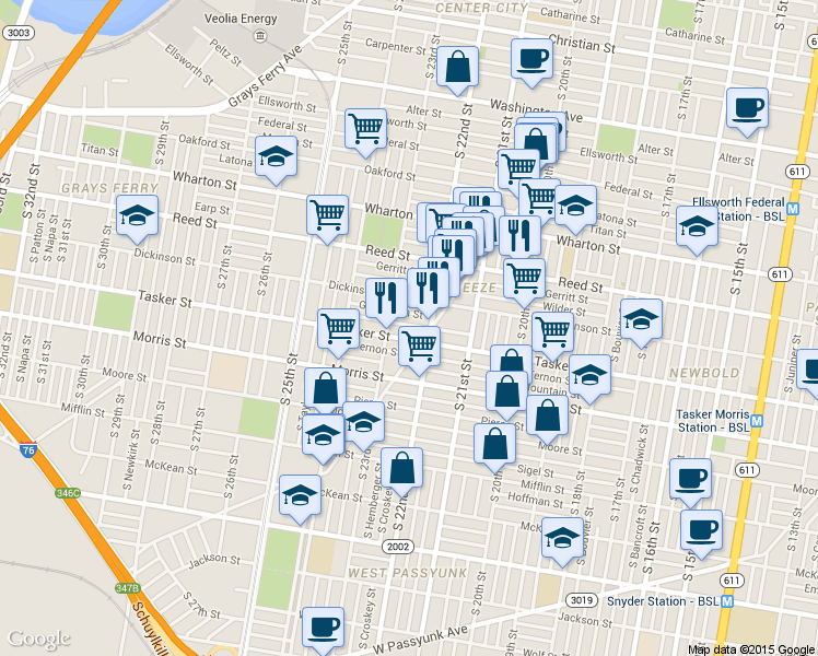 map of restaurants, bars, coffee shops, grocery stores, and more near 1514 South 22nd Street in Philadelphia