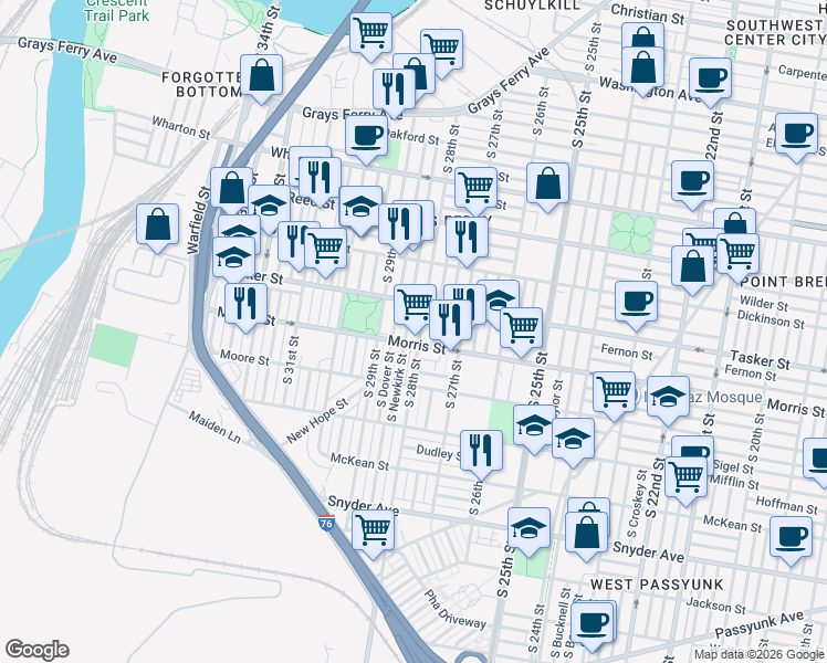 map of restaurants, bars, coffee shops, grocery stores, and more near 1622 South Newkirk Street in Philadelphia
