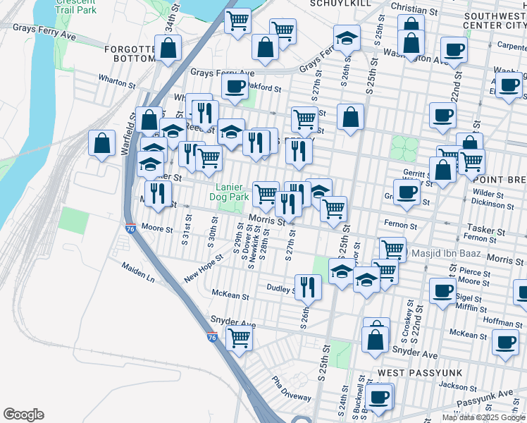 map of restaurants, bars, coffee shops, grocery stores, and more near 1622 South Newkirk Street in Philadelphia