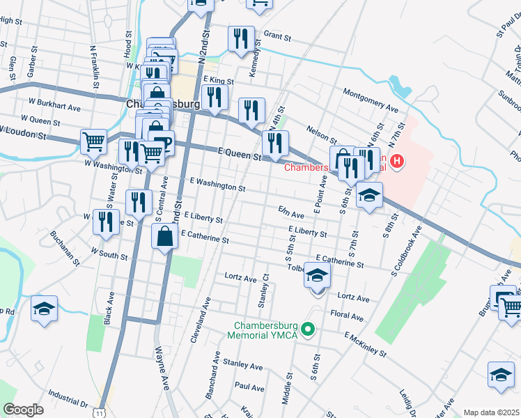 map of restaurants, bars, coffee shops, grocery stores, and more near 390 East Washington Street in Chambersburg
