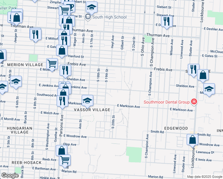 map of restaurants, bars, coffee shops, grocery stores, and more near 674 East Jenkins Avenue in Columbus