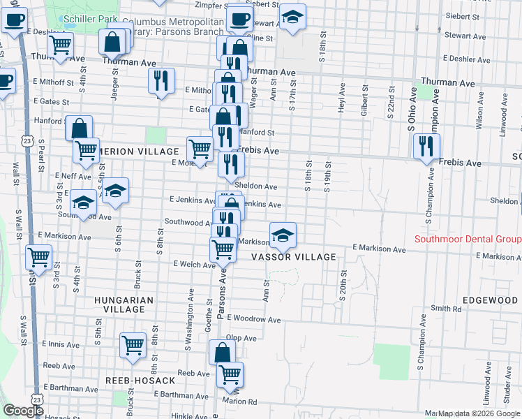 map of restaurants, bars, coffee shops, grocery stores, and more near 534 East Jenkins Avenue in Columbus