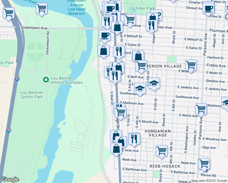 map of restaurants, bars, coffee shops, grocery stores, and more near in Columbus