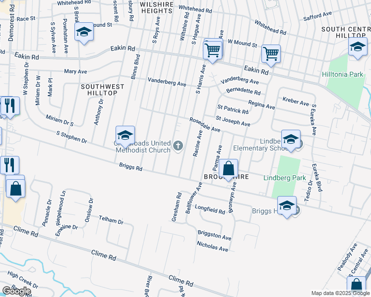 map of restaurants, bars, coffee shops, grocery stores, and more near 1057 South Harris Avenue in Columbus