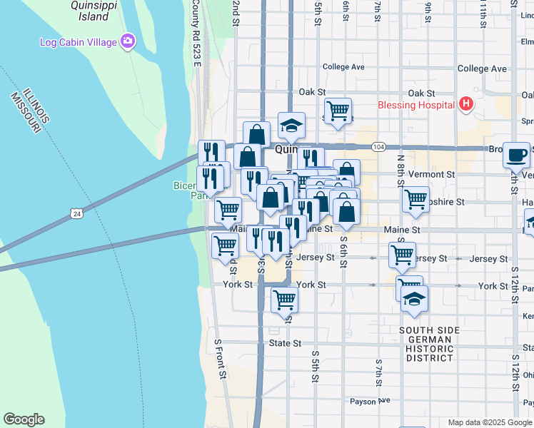 map of restaurants, bars, coffee shops, grocery stores, and more near 118-198 N 3rd St in Quincy