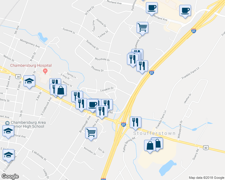 map of restaurants, bars, coffee shops, grocery stores, and more near 359 Stonegate Court in Chambersburg