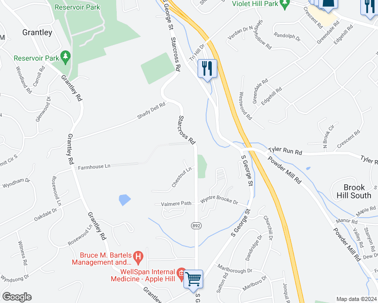 map of restaurants, bars, coffee shops, grocery stores, and more near 1801 Carriage Court in York