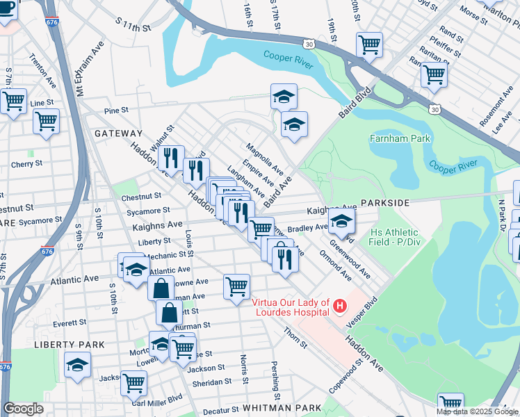 map of restaurants, bars, coffee shops, grocery stores, and more near 1261 Langham Avenue in Camden