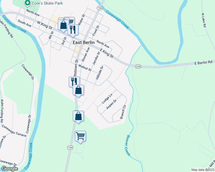 map of restaurants, bars, coffee shops, grocery stores, and more near 330 Beaver Street in East Berlin