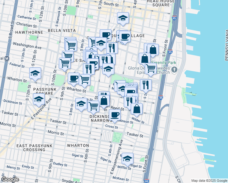 map of restaurants, bars, coffee shops, grocery stores, and more near 425 Titan Street in Philadelphia