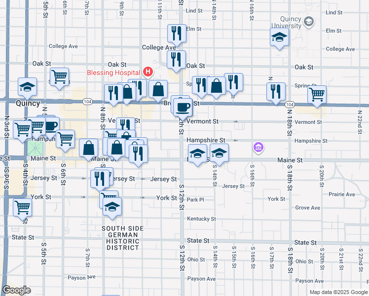 map of restaurants, bars, coffee shops, grocery stores, and more near 124 North 12th Street in Quincy