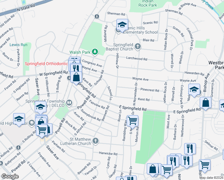 map of restaurants, bars, coffee shops, grocery stores, and more near 243 School Lane in Springfield
