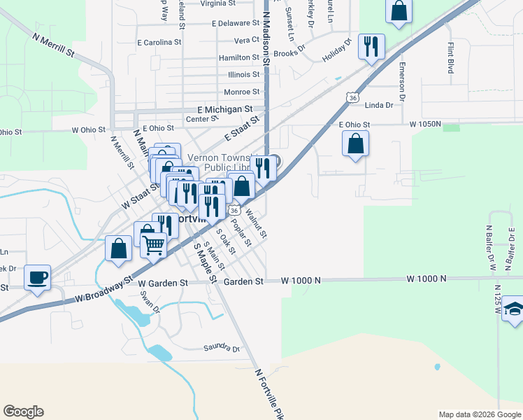 map of restaurants, bars, coffee shops, grocery stores, and more near 422 Elm Street in Fortville