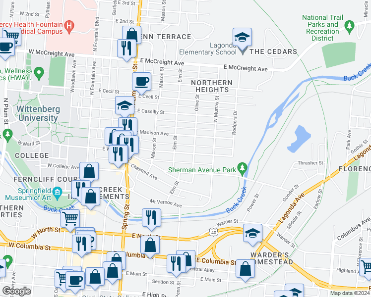 map of restaurants, bars, coffee shops, grocery stores, and more near 466 Stanton Avenue in Springfield