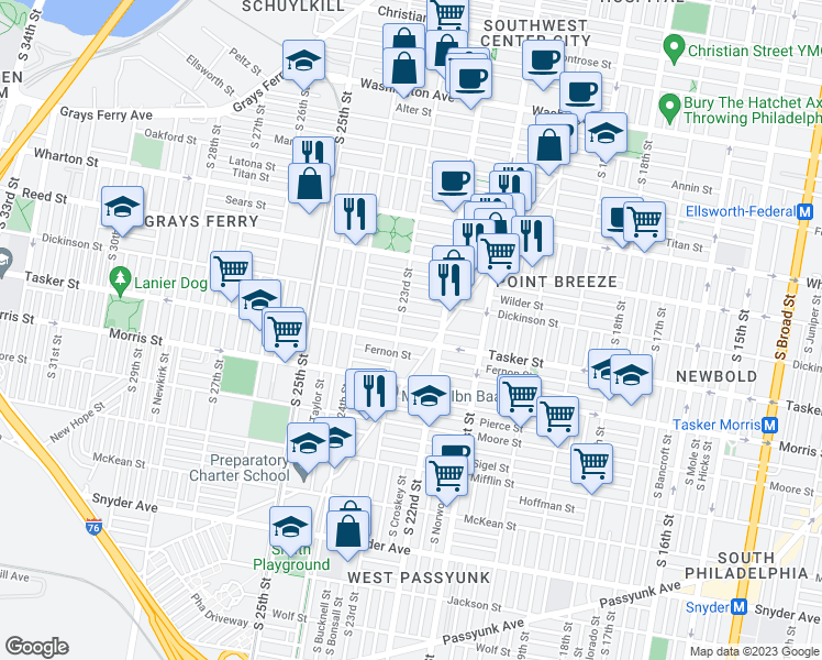 map of restaurants, bars, coffee shops, grocery stores, and more near 2242 Cross Street in Philadelphia