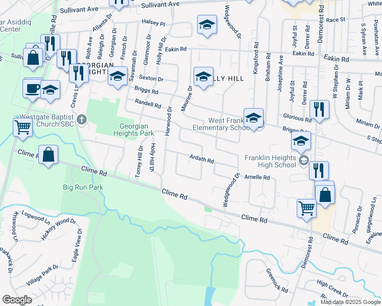 map of restaurants, bars, coffee shops, grocery stores, and more near 3882 Ardath Road in Columbus