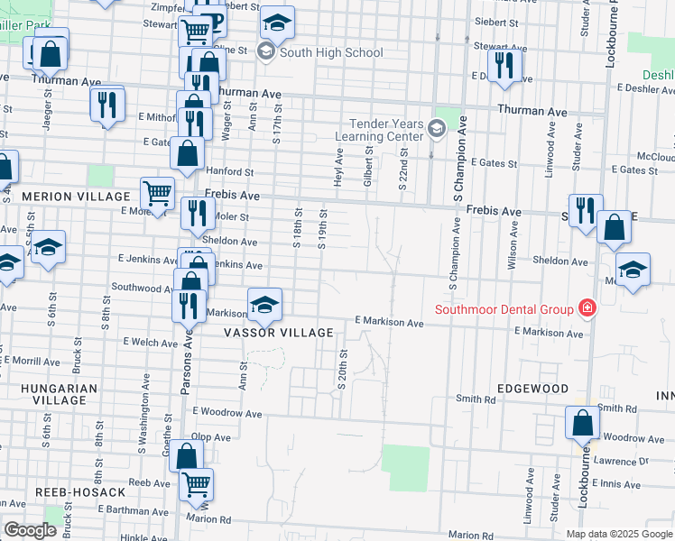 map of restaurants, bars, coffee shops, grocery stores, and more near 707 East Jenkins Avenue in Columbus