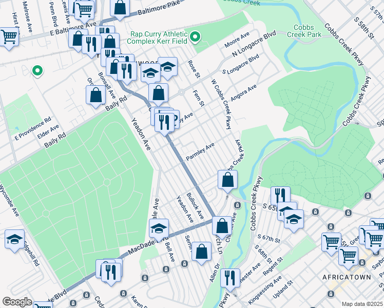 map of restaurants, bars, coffee shops, grocery stores, and more near 821 Parmley Avenue in Yeadon