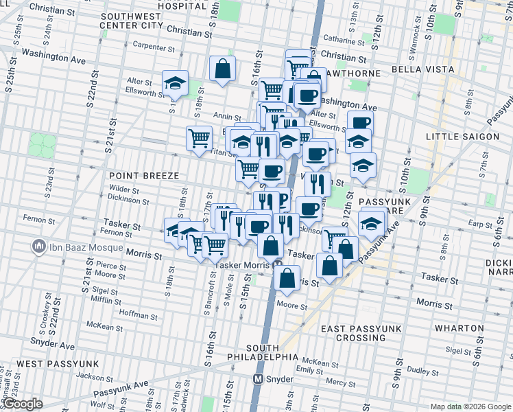 map of restaurants, bars, coffee shops, grocery stores, and more near 1403 South 15th Street in Philadelphia