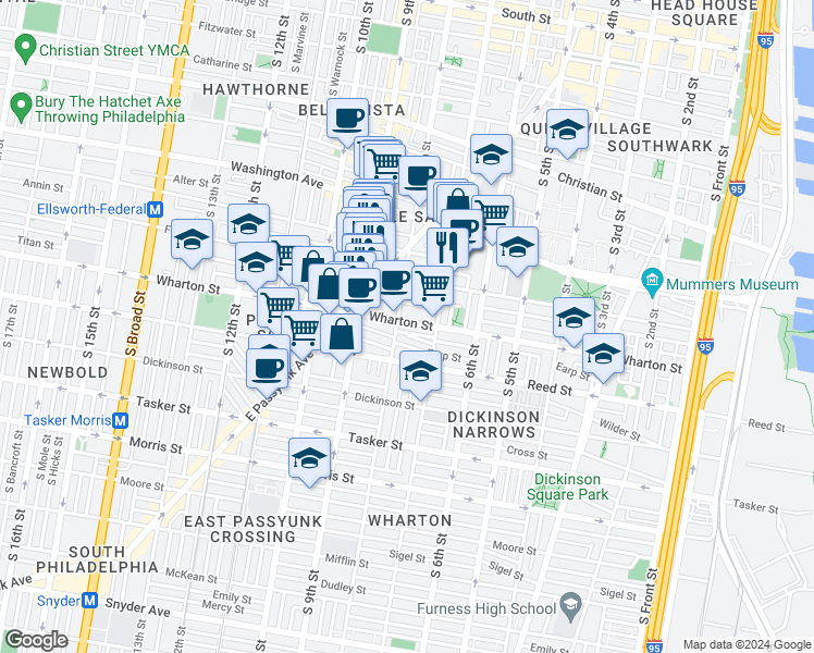 map of restaurants, bars, coffee shops, grocery stores, and more near 744 Wharton Street in Philadelphia