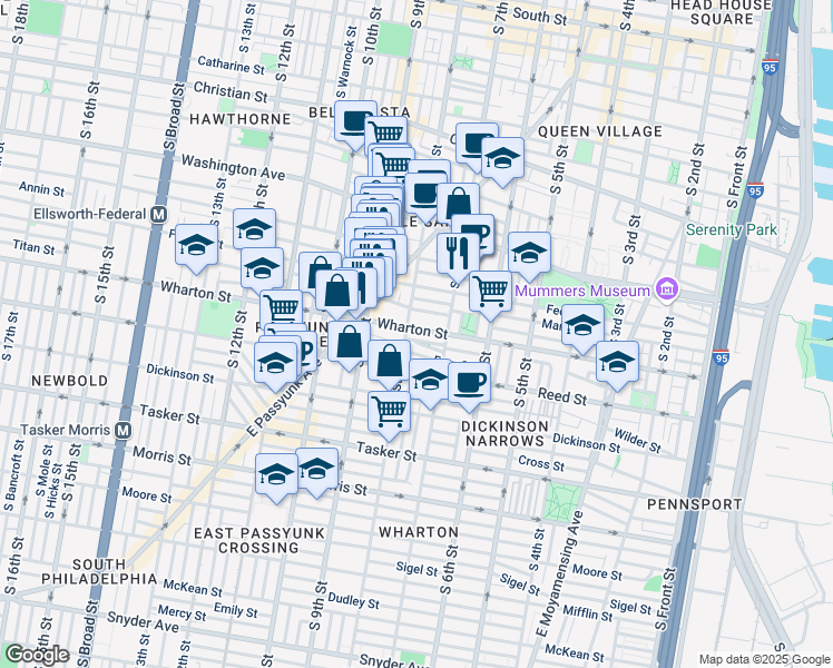 map of restaurants, bars, coffee shops, grocery stores, and more near 744 Wharton Street in Philadelphia